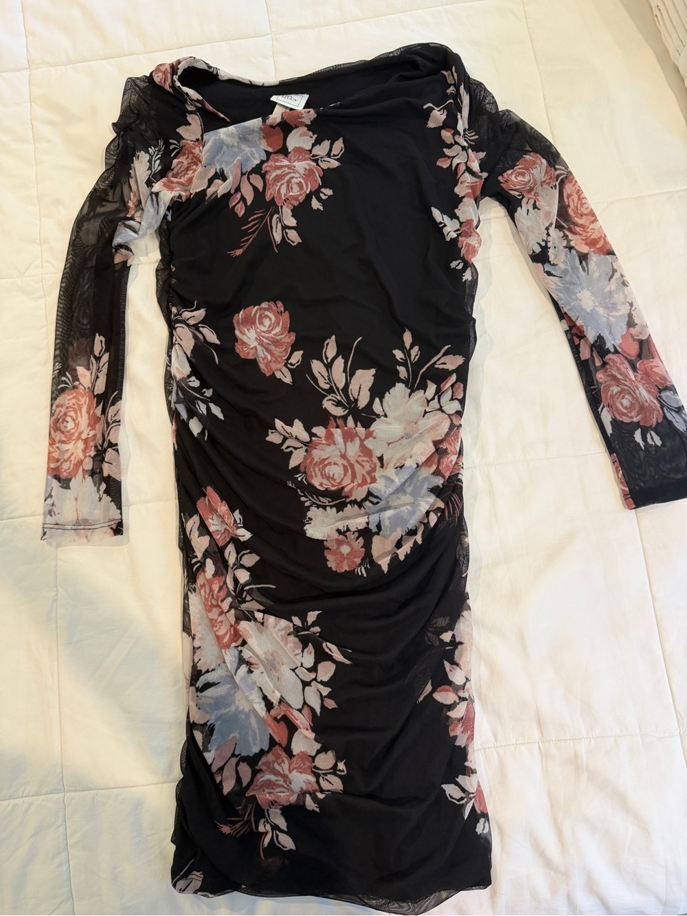 Black Floral Mesh Long-Sleeve Bodycon Maternity Dress